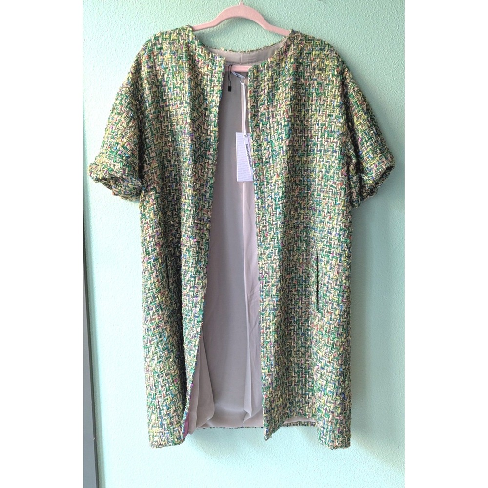 Biancoghiaccio Italy Metallic Tweed Open Front Coat Green Multi Artsy NWT XL